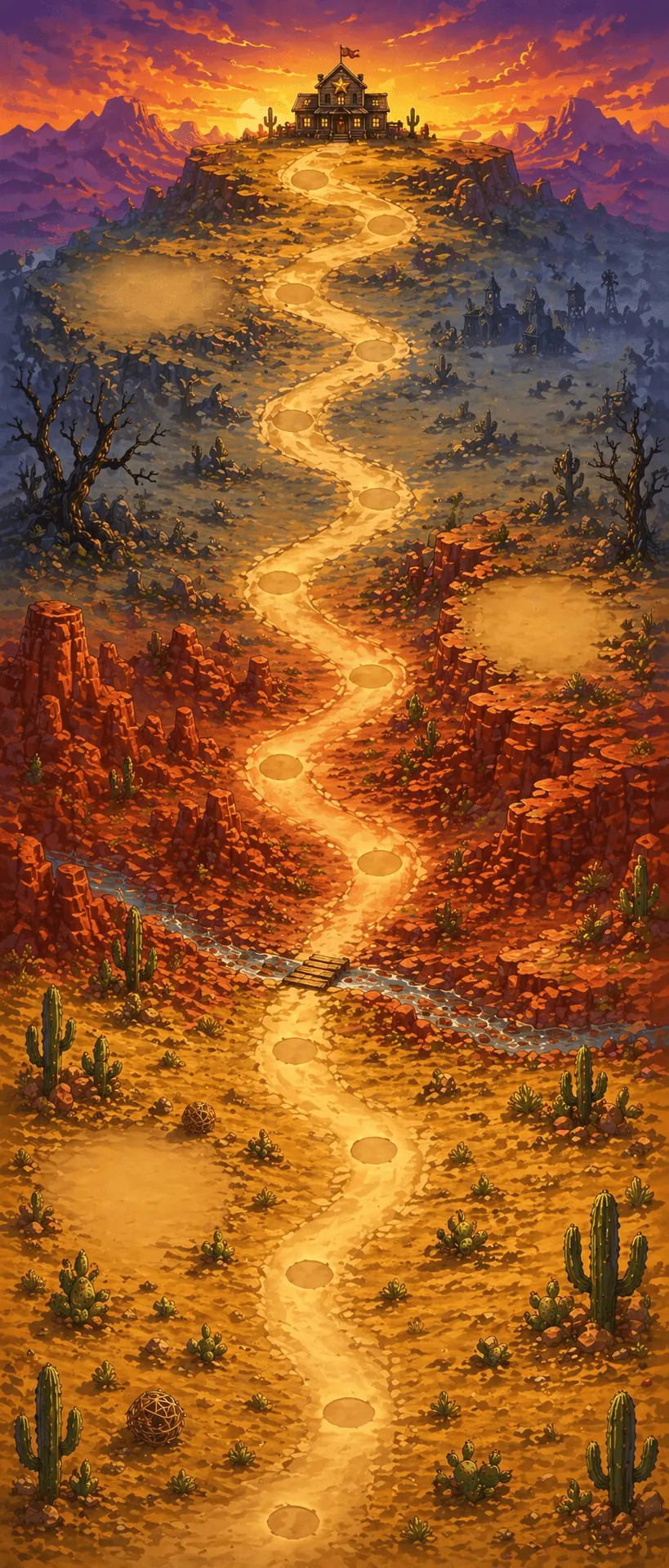 The QuickDraw Academy trail map with ten towns winding through a painted desert